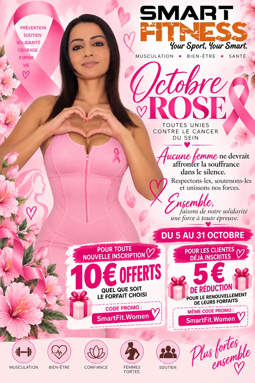 Affiche Octobre Rose SmartFitness, toutes unies contre le cancer du sein : du 5 au 31 octobre 2026, 10 € offerts pour toute nouvelle inscription et 5 € de réduction sur le renouvellement pour les clientes déjà inscrites, avec le code promo SmartFit.Women